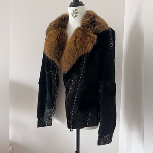 Black Real Rabbit & Fox Fur Biker Jacket with Rhinestone Zipper | Size S Mobwife